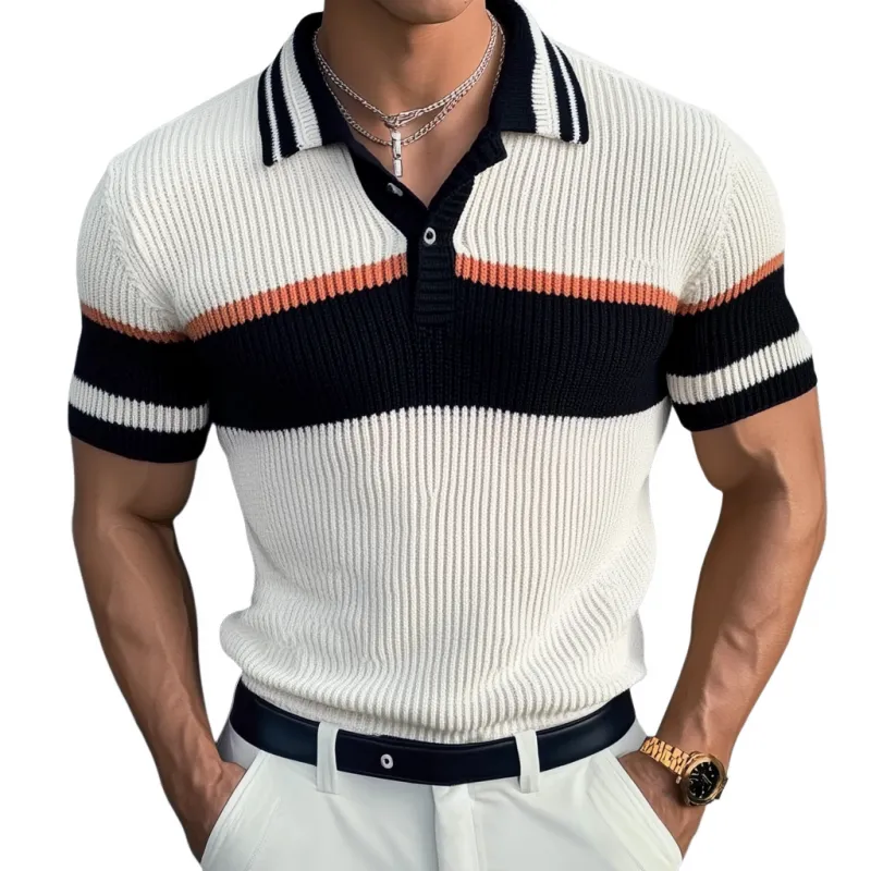 Men's Casual Contrast Lapel Slim Fit Knitted Short Sleeve Polo Shirt MTA1775C7M sold by Manly