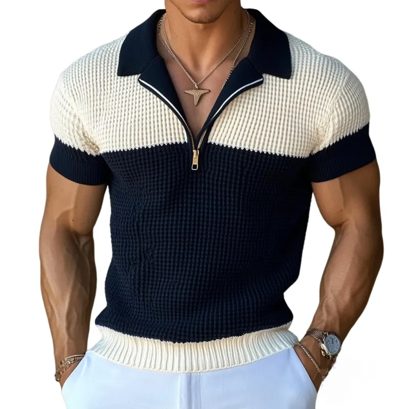 Men's Casual Contrast Zipper Lapel Slim Fit Knitted Short Sleeve Polo Shirt MTA1725C8M sold by Manly