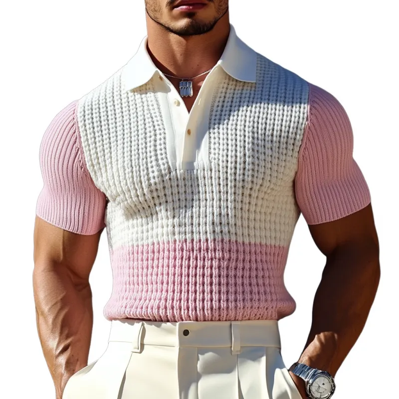 Men's Casual Contrast Lapel Slim Fit Knitted Short Sleeve Polo Shirt MTA1776C5M sold by Manly