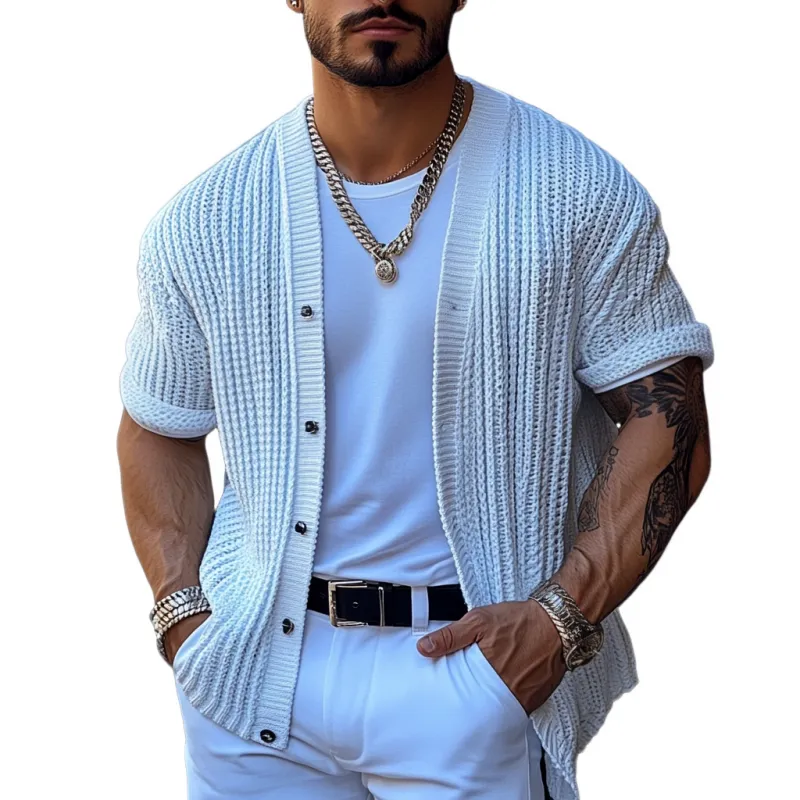 Men's Casual Solid Color Single Breasted Loose Knitted Short Sleeve Cardigan MTA1798C4M sold by Manly