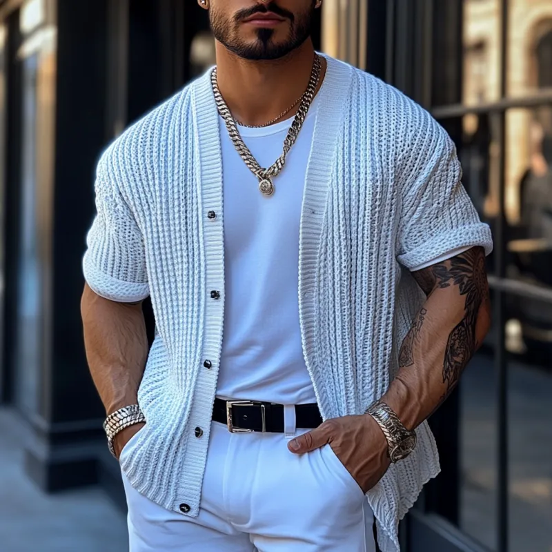 Men's Casual Solid Color Single Breasted Loose Knitted Short Sleeve Cardigan MTA1798C4M sold by Manly product image thumbnail 2