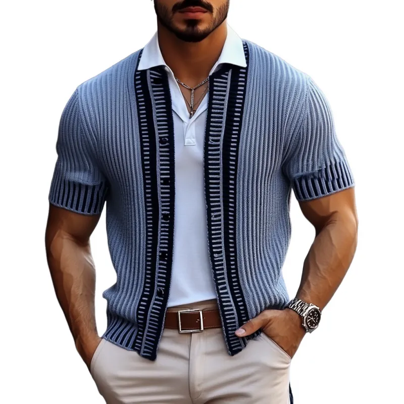 Men's Casual Contrast Color Single Breasted Slim Fit Knitted Short Sleeve Cardigan MTA1780C6M sold by Manly