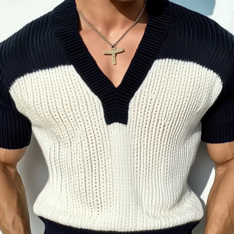 Men's Casual Contrast Color V-Neck Slim Fit Knitted Short Sleeve Sweater T-Shirt MTA1727C6M sold by Manly product image thumbnail 3
