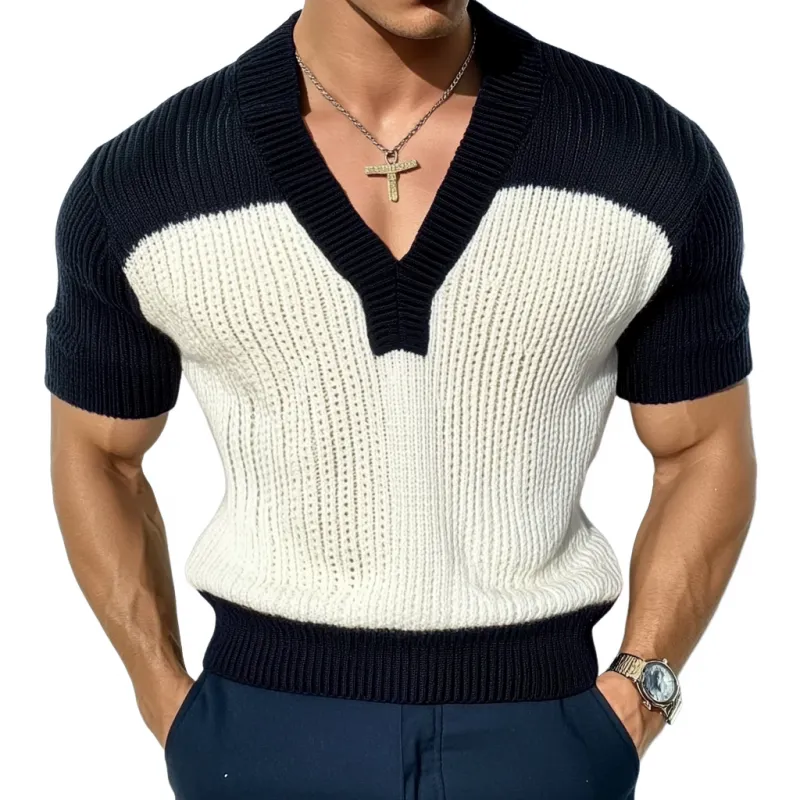 Men's Casual Contrast Color V-Neck Slim Fit Knitted Short Sleeve Sweater T-Shirt MTA1727C6M sold by Manly