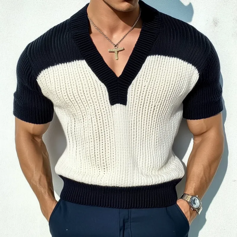 Men's Casual Contrast Color V-Neck Slim Fit Knitted Short Sleeve Sweater T-Shirt MTA1727C6M sold by Manly product image thumbnail 2