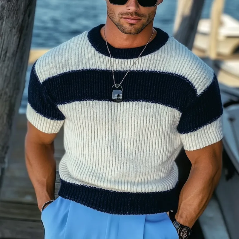 Men's Casual Contrast Color Round Neck Slim Fit Knitted Short Sleeve Sweater T-Shirt MTA1786C7M sold by Manly product image thumbnail 2