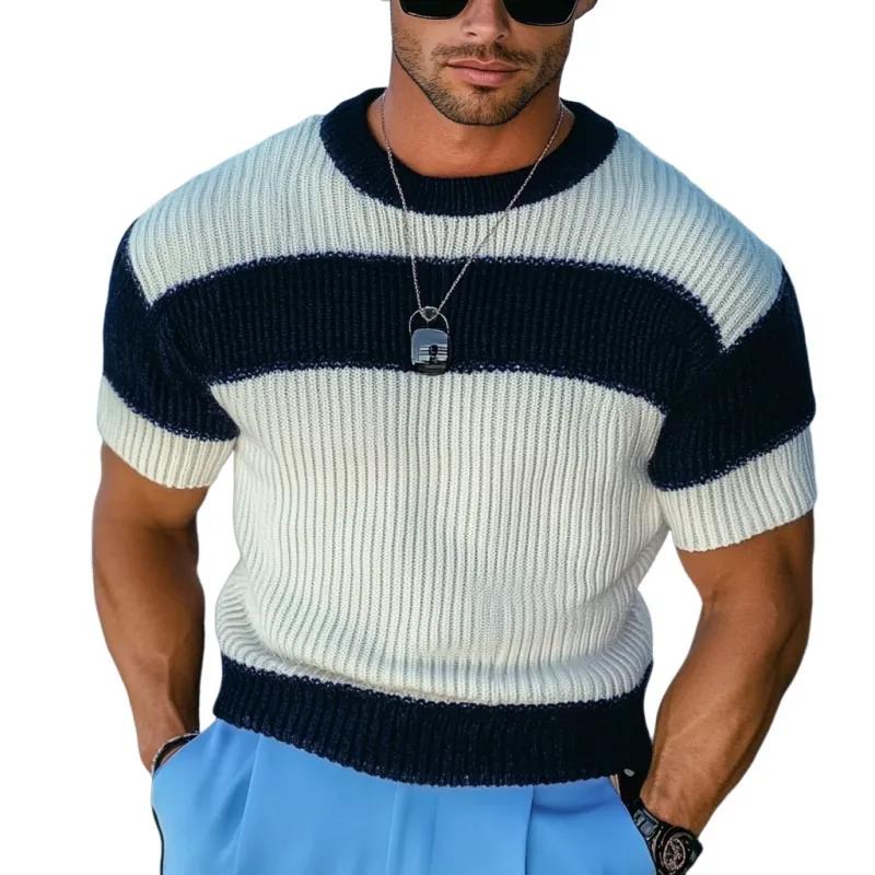 Men's Casual Contrast Color Round Neck Slim Fit Knitted Short Sleeve Sweater T-Shirt MTA1786C7M sold by Manly