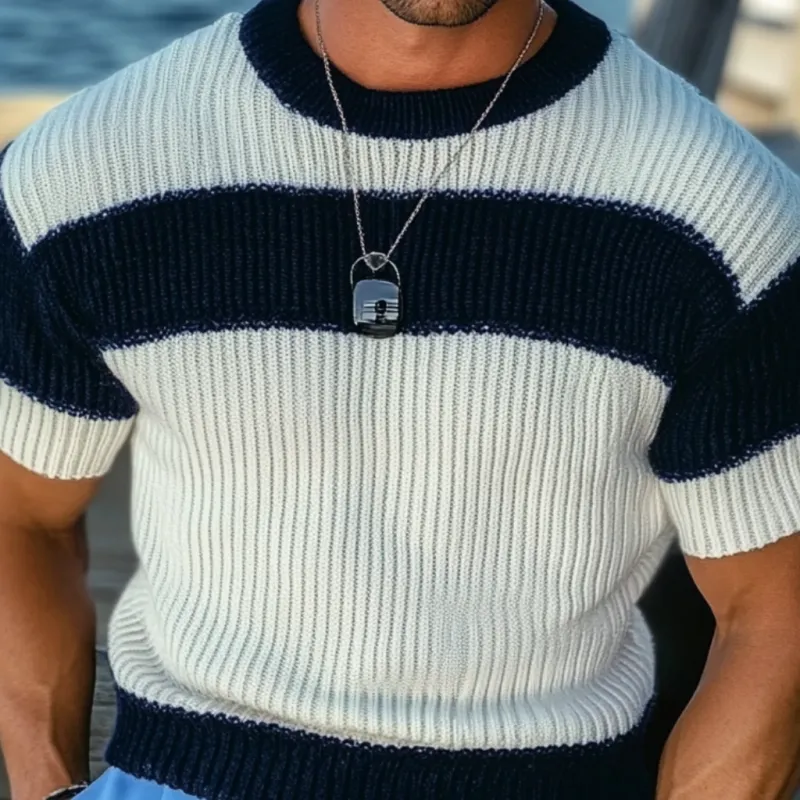 Men's Casual Contrast Color Round Neck Slim Fit Knitted Short Sleeve Sweater T-Shirt MTA1786C7M sold by Manly product image thumbnail 3