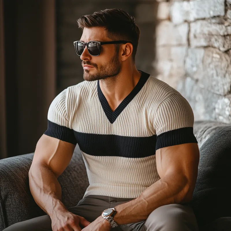 Men's Casual Contrast Color V-Neck Loose Knitted Short-Sleeved Sweater T-Shirt MTA1334C8M sold by Manly product image thumbnail 3