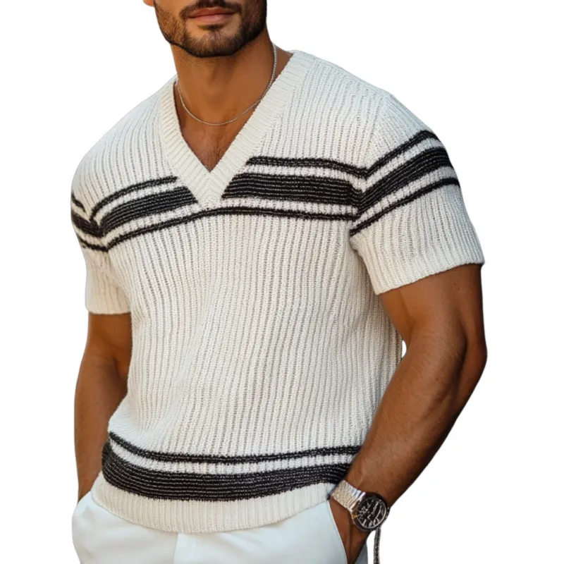 Men's Casual Contrast Color V-Neck Loose Knitted Short-Sleeved Sweater T-Shirt MTA1334C4M sold by Manly