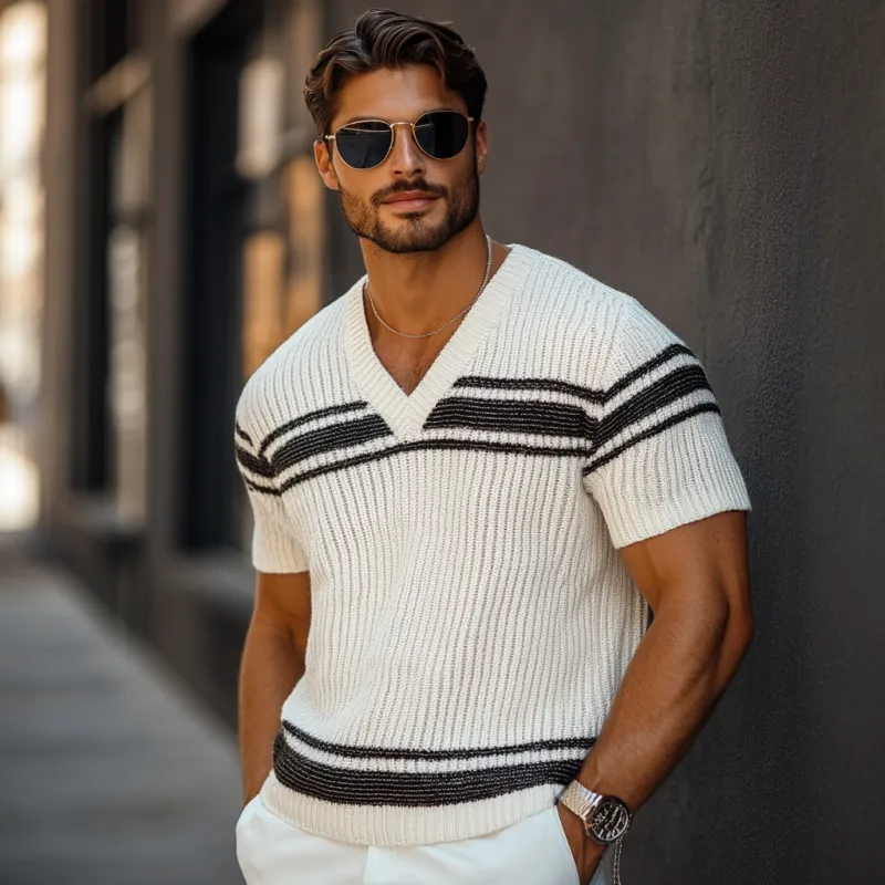 Men's Casual Contrast Color V-Neck Loose Knitted Short-Sleeved Sweater T-Shirt MTA1334C4M sold by Manly product image thumbnail 3