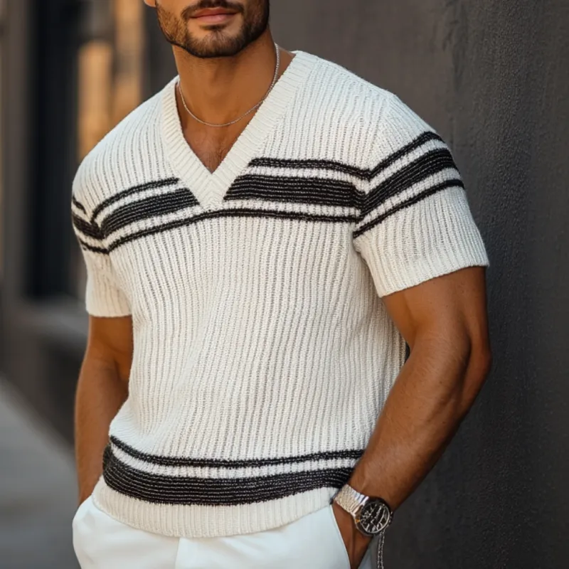 Men's Casual Contrast Color V-Neck Loose Knitted Short-Sleeved Sweater T-Shirt MTA1334C4M sold by Manly product image thumbnail 2