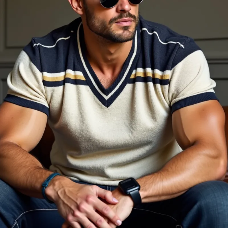 Men's Casual Contrast Color Striped V-Neck Loose Knitted Short-Sleeve Sweater T-Shirt MTA1384C5M sold by Manly product image thumbnail 2