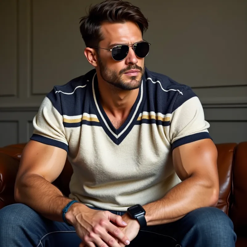 Men's Casual Contrast Color Striped V-Neck Loose Knitted Short-Sleeve Sweater T-Shirt MTA1384C5M sold by Manly product image thumbnail 3