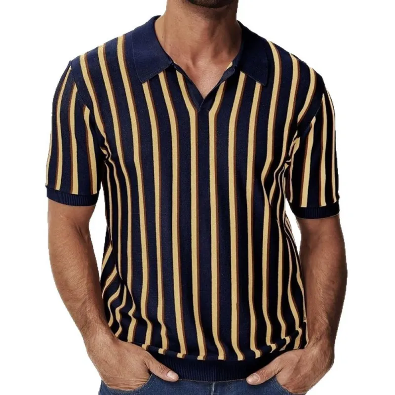 Men's Casual Contrast Color Striped Lapel Knitted Loose Short-Sleeve Polo Shirt MTA1402C0M sold by Manly