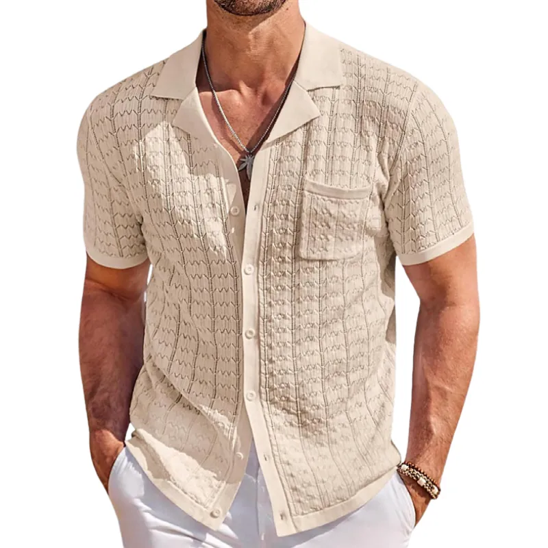 Men's Casual Lapel Hollow Jacquard Knitted Slim Fit Short Sleeve Cardigan MTA1458C7M sold by Manly