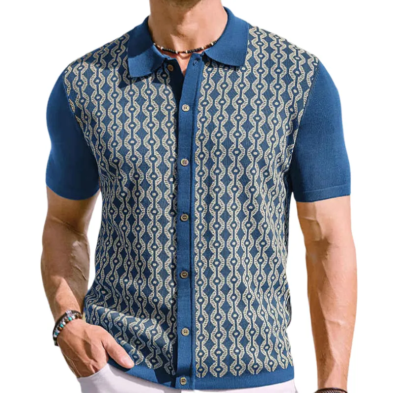 Men's Vintage Jacquard Lapel Single-Breasted Knitted Slim Short Sleeve Cardigan MTA1409C8M sold by Manly