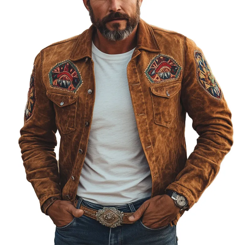 Men's Vintage Suede Embroidered Lapel Jacket MUA1478C7X sold by Manly