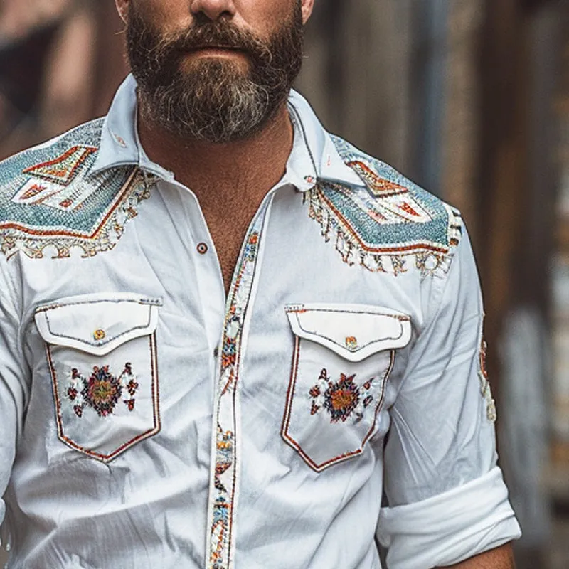 Men's Retro Geometric Embroidered Lapel Long Sleeve Shirt MTA1490C9X sold by Manly product image thumbnail 3