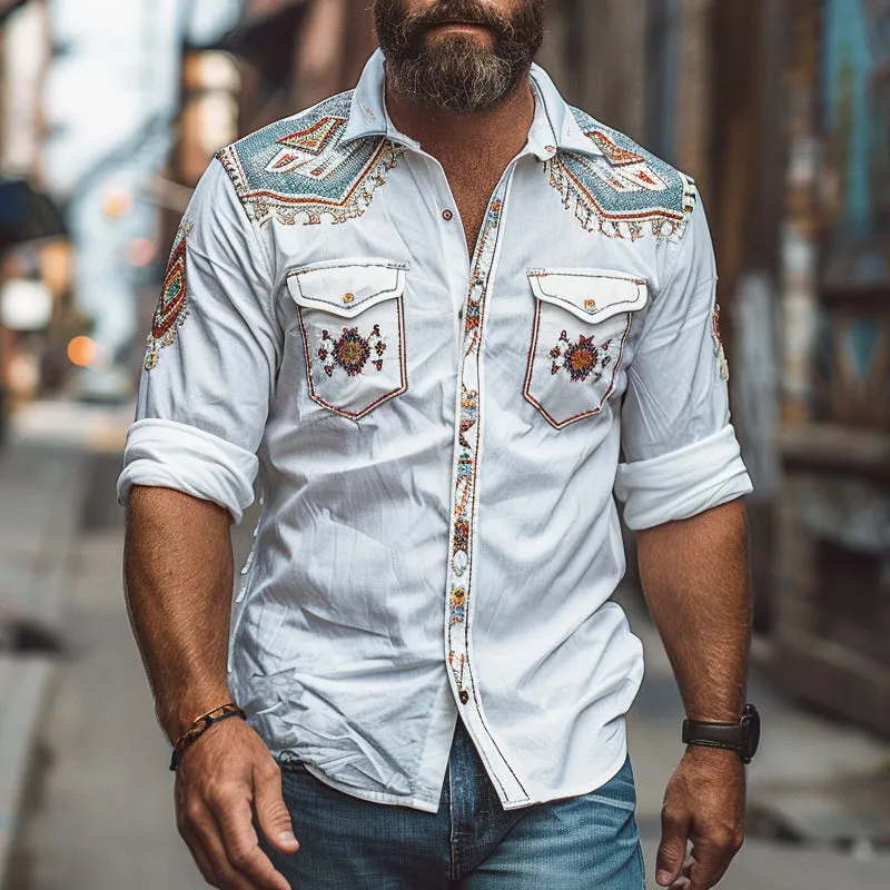 Men's Retro Geometric Embroidered Lapel Long Sleeve Shirt MTA1490C9X sold by Manly product image thumbnail 2