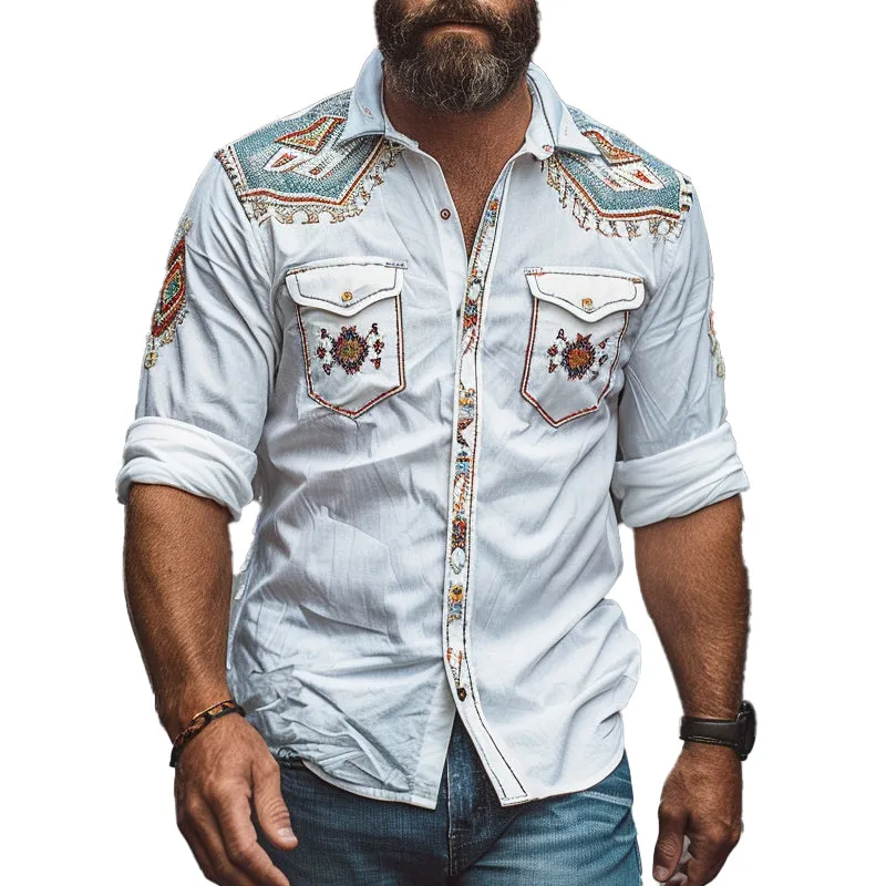 Men's Retro Geometric Embroidered Lapel Long Sleeve Shirt MTA1490C9X sold by Manly
