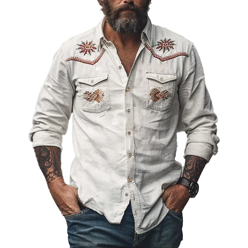 Men's Vintage Cotton Embroidered Long Sleeve Shirt MTA1478C8X sold by Manly