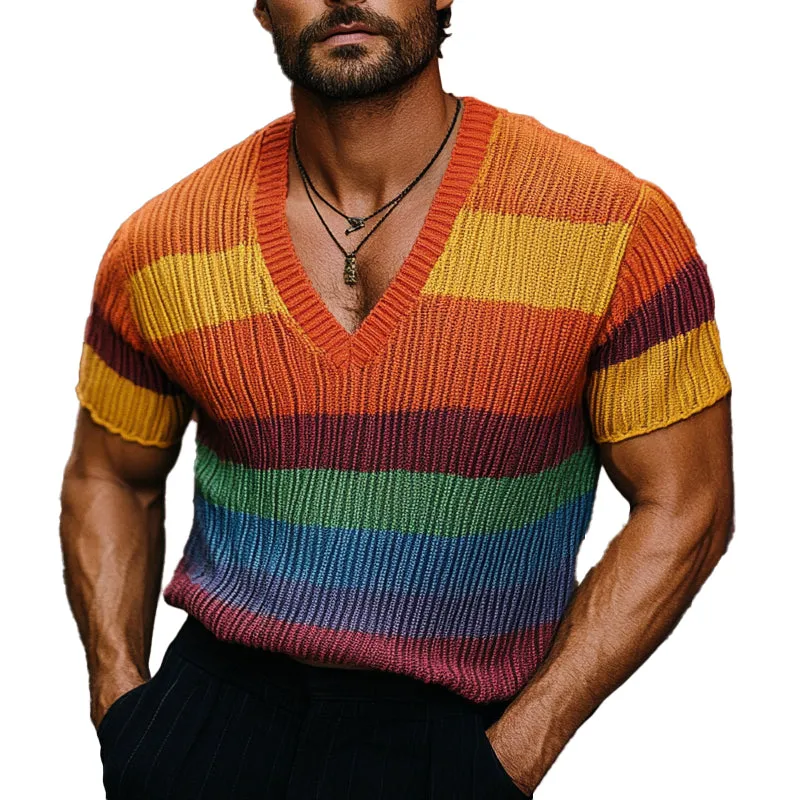 Men's Rainbow Knit V-Neck Short Sleeve Sweater T-Shirt  MTA1773C8X sold by Manly