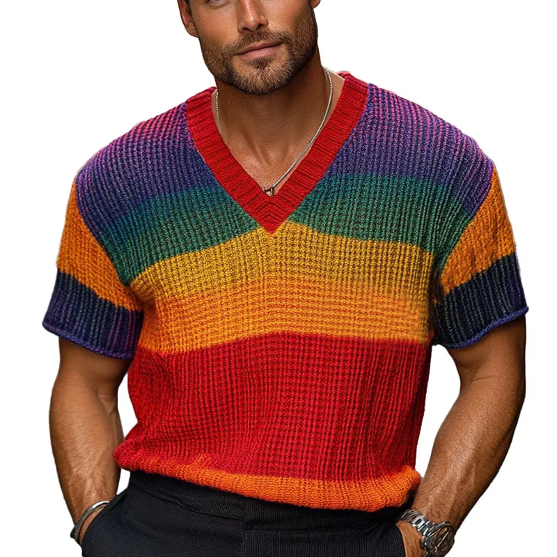 Men's Rainbow Stripe Knitted Short Sleeve Sweater  T-Shirt MTA1765C4X sold by Manly
