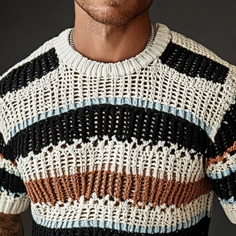 Men's Crew Neck Striped Knitted Short Sleeve Sweater T-Shirt MTA1724C8X sold by Manly product image thumbnail 3