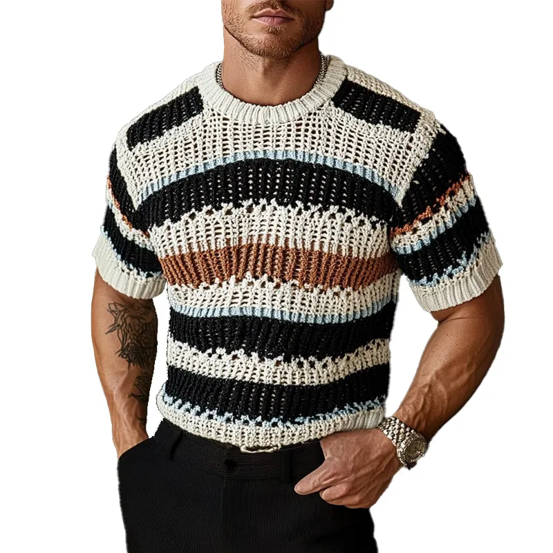 Men's Crew Neck Striped Knitted Short Sleeve Sweater T-Shirt MTA1724C8X sold by Manly