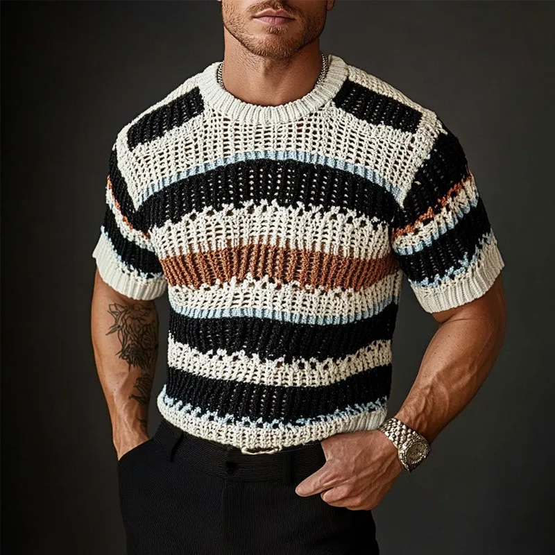 Men's Crew Neck Striped Knitted Short Sleeve Sweater T-Shirt MTA1724C8X sold by Manly product image thumbnail 2