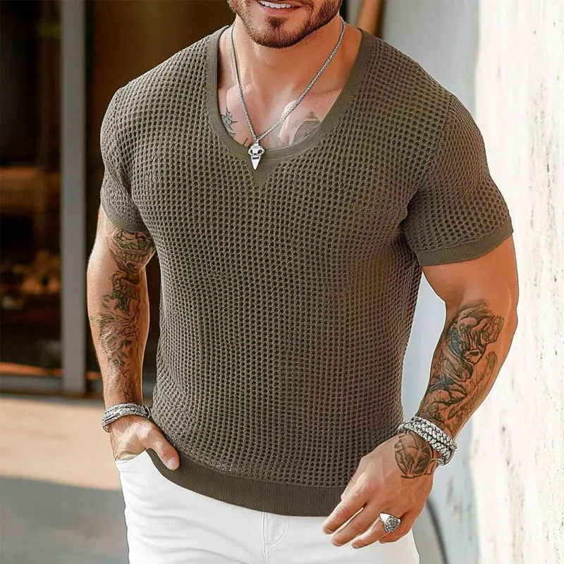 Men's Solid Color Loose Round Neck Short Sleeve Sweater T-Shirt MTA1700C3X sold by Manly product image thumbnail 3