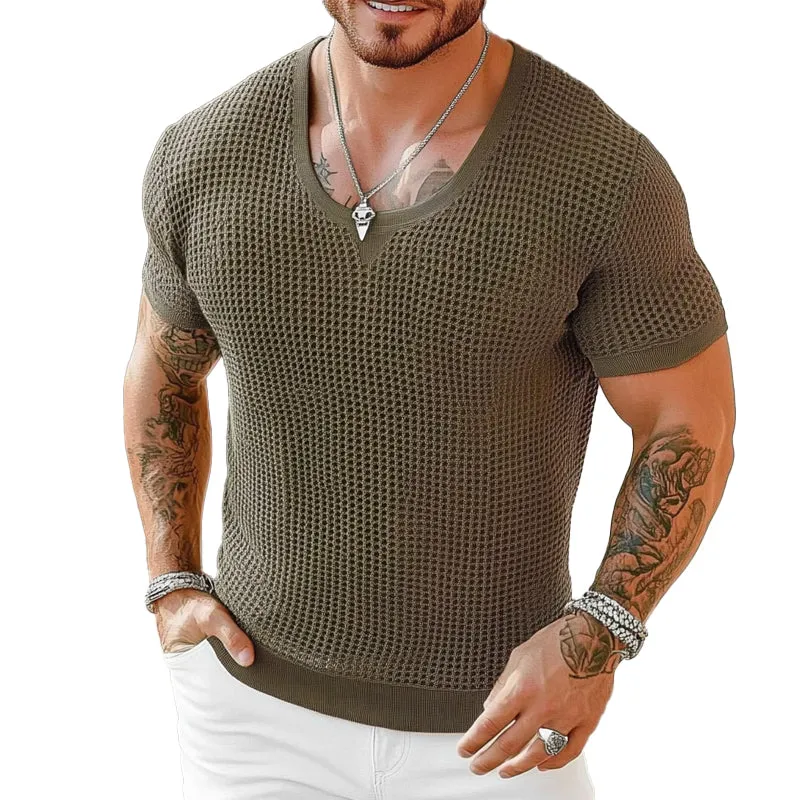 Men's Solid Color Loose Round Neck Short Sleeve Sweater T-Shirt MTA1700C3X sold by Manly