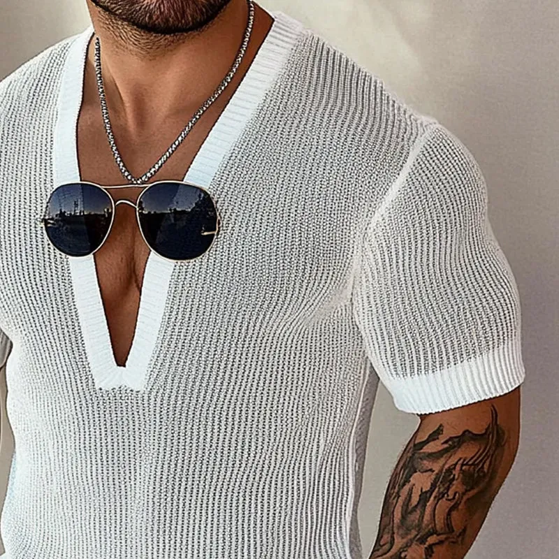 Men's knitted V-neck short-sleeved T-shirt MTA1777C1X sold by Manly product image thumbnail 2