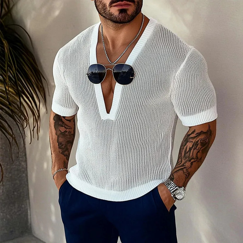 Men's knitted V-neck short-sleeved T-shirt MTA1777C1X sold by Manly product image thumbnail 3