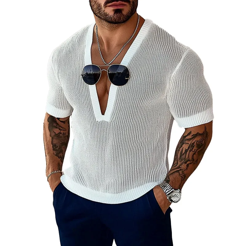 Men's knitted V-neck short-sleeved T-shirt MTA1777C1X sold by Manly
