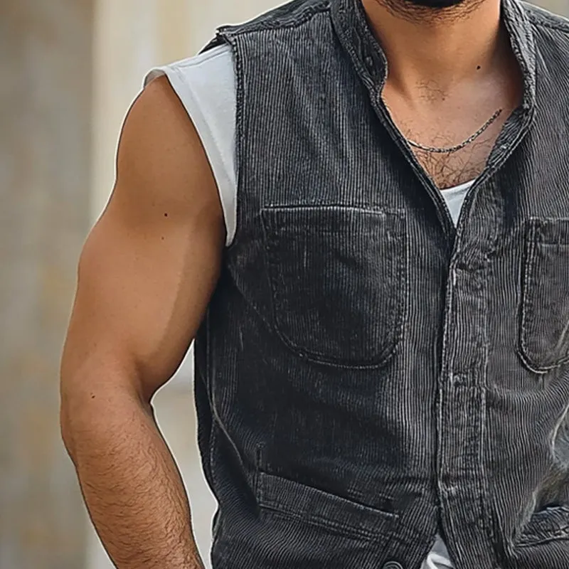 Men's Vintage Corduroy Stand Collar Multi-Pocket Vest MTA1706C4X sold by Manly product image thumbnail 3