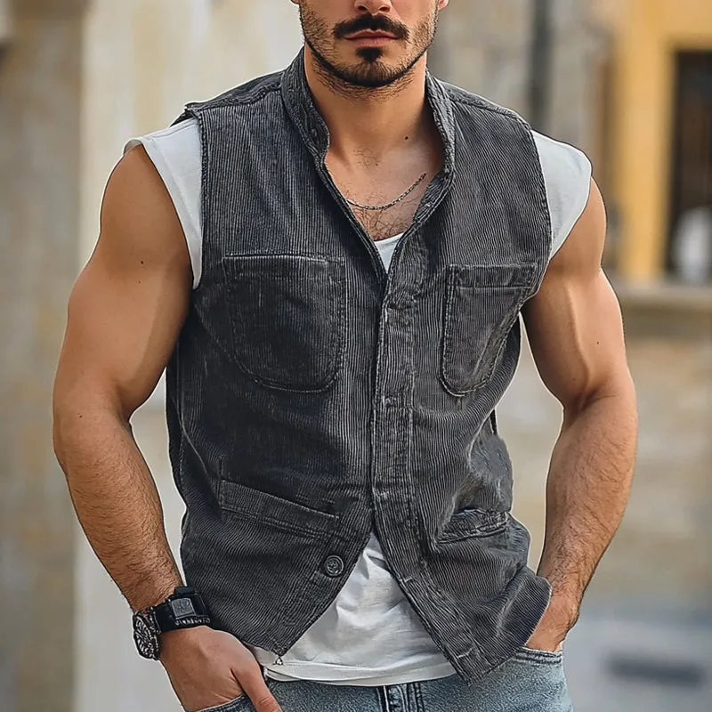 Men's Vintage Corduroy Stand Collar Multi-Pocket Vest MTA1706C4X sold by Manly product image thumbnail 2