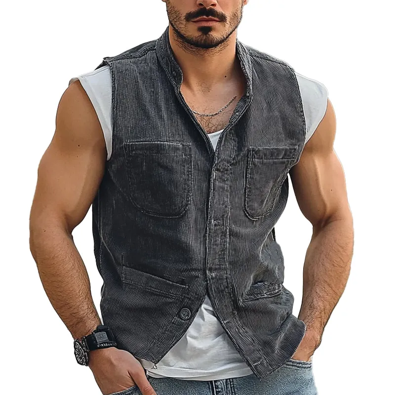 Men's Vintage Corduroy Stand Collar Multi-Pocket Vest MTA1706C4X sold by Manly