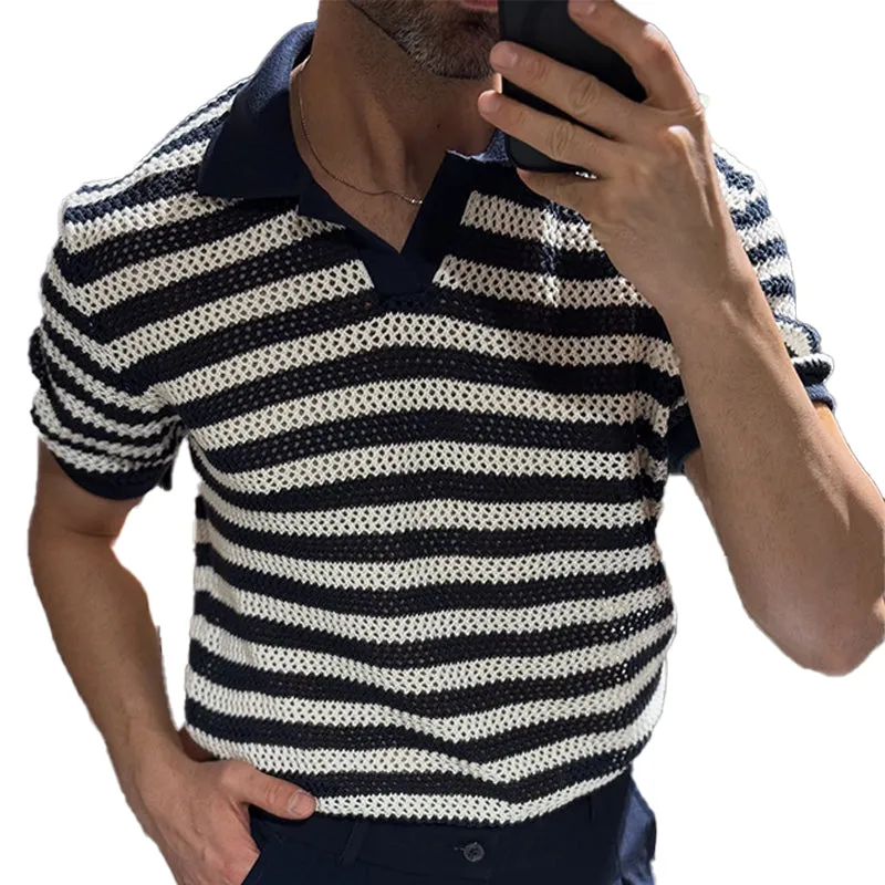 Men's knitted striped casual short-sleeved POLO shirt MTA1767C1X sold by Manly
