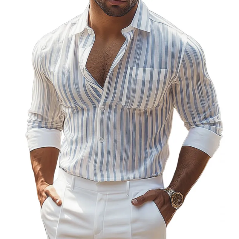 Men's Casual Striped Lapel Patch Pocket Slim Fit Long Sleeve Shirt MTA1353C0M sold by Manly