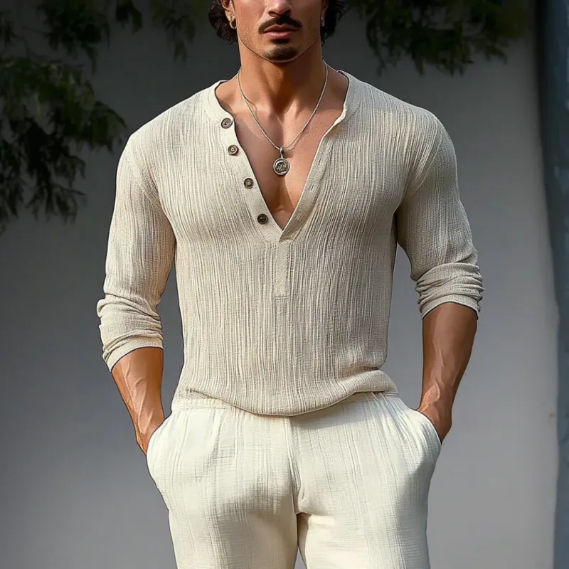 Men's Casual Cotton Linen Pleated Henry Collar Slim Fit Long Sleeve T-Shirt MTA1367C1M sold by Manly product image thumbnail 2