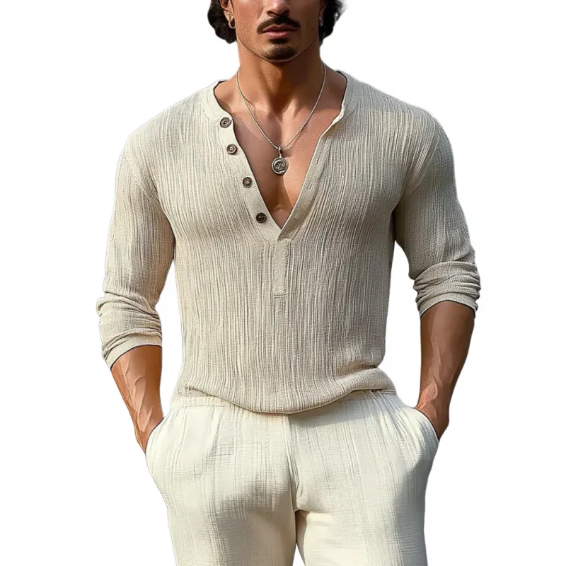 Men's Casual Cotton Linen Pleated Henry Collar Slim Fit Long Sleeve T-Shirt MTA1367C1M sold by Manly