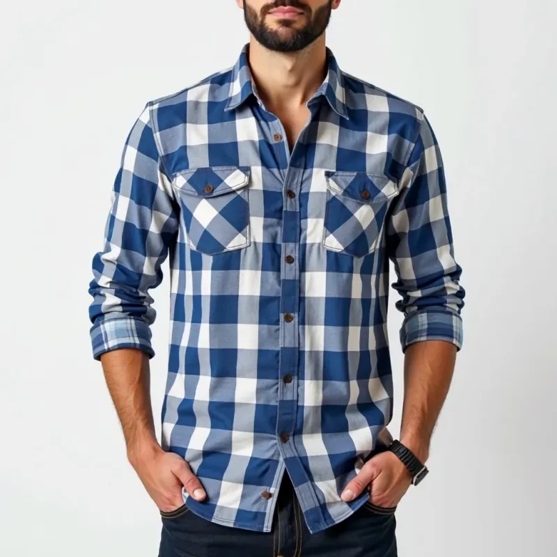 Men's Casual Cotton Plaid Lapel Chest Pocket Slim Fit Long Sleeve Shirt MTA1306C0M sold by Manly product image thumbnail 2