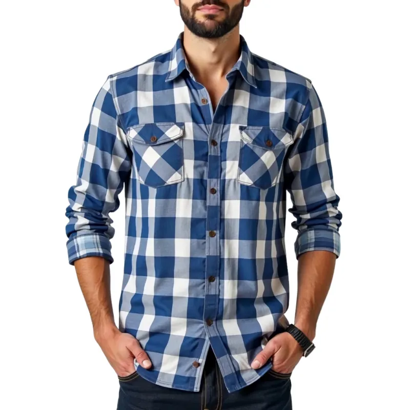 Men's Casual Cotton Plaid Lapel Chest Pocket Slim Fit Long Sleeve Shirt MTA1306C0M sold by Manly