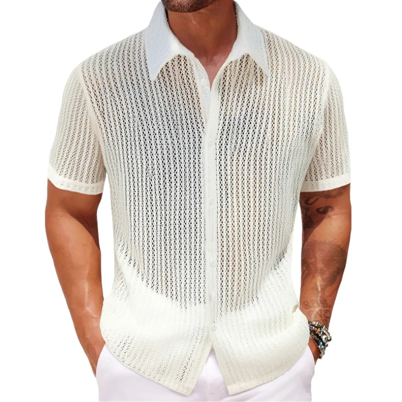 Men's Retro Jacquard Hollow Lapel Slim Short Sleeve Shirt MTA1405C5M sold by Manly
