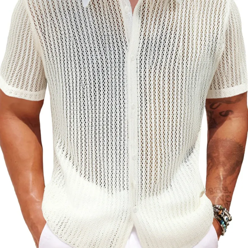 Men's Retro Jacquard Hollow Lapel Slim Short Sleeve Shirt MTA1405C5M sold by Manly product image thumbnail 2