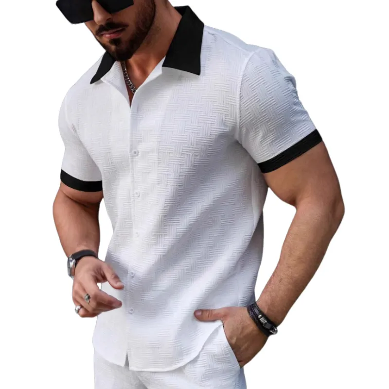 Men's Retro Contrast Jacquard Lapel Slim Short Sleeve Shirt MTA1480C0M sold by Manly