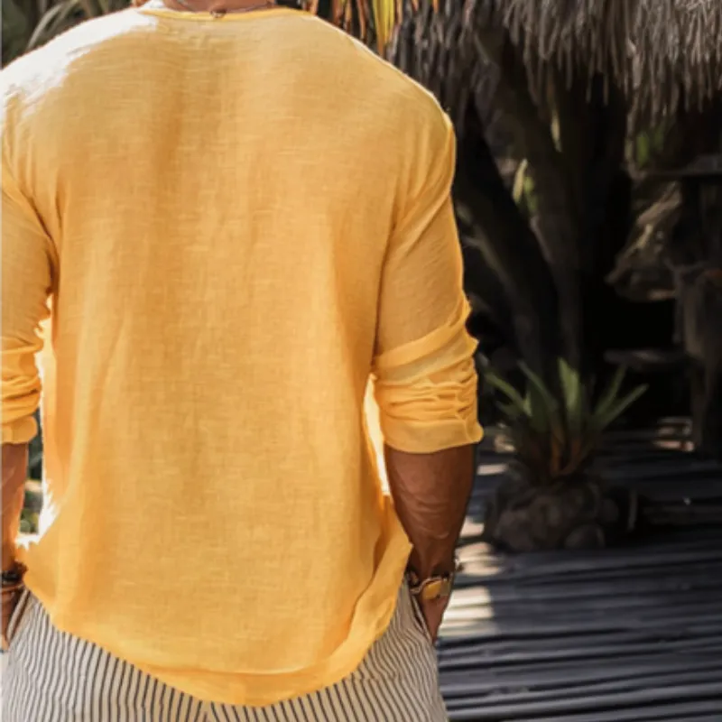 【24-hour shipping out】Men's Casual Cotton Linen Round Neck Loose Long Sleeve T-Shirt MTA1461C1M sold by Manly product image thumbnail 3