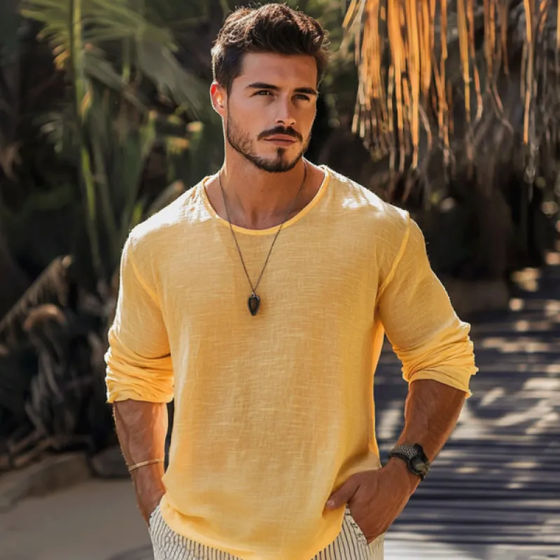 【24-hour shipping out】Men's Casual Cotton Linen Round Neck Loose Long Sleeve T-Shirt MTA1461C1M sold by Manly product image thumbnail 2